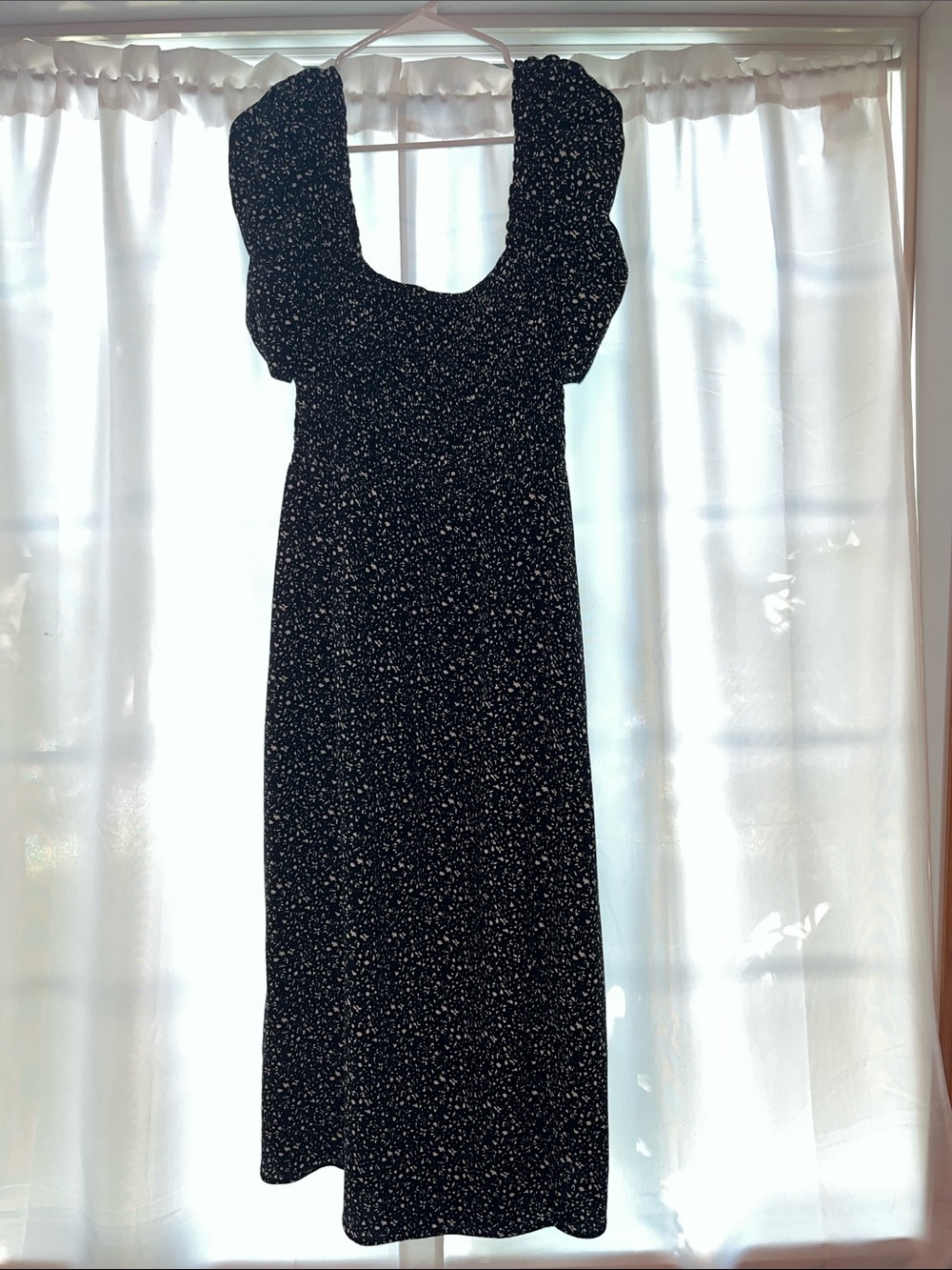 DKNY Black Maxi Dress with White Ditsy Floral and Puff Sleeves